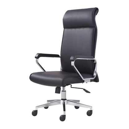 Black leather swivel office chair with armrests and a metal frame.