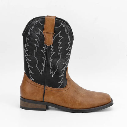Men's black square toe denim-style motorcycle boots with mid-calf shaft and low wedge heel.