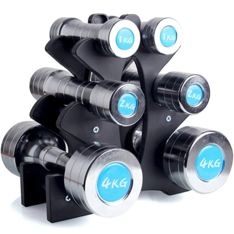 PVC fitness dumbbell rack with removable bracket support on a gym floor