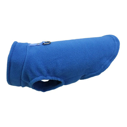 Thickened polar fleece dog waistcoat in solid colours red, black, blue, available in sizes S M L XL.