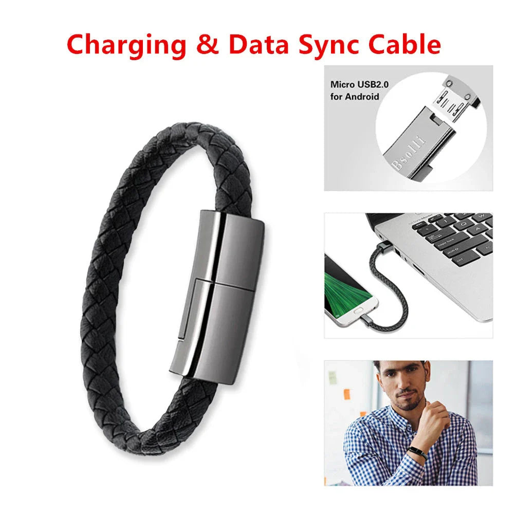 Stylish leather bracelet with built-in charging cable for smartphones and USB-C devices