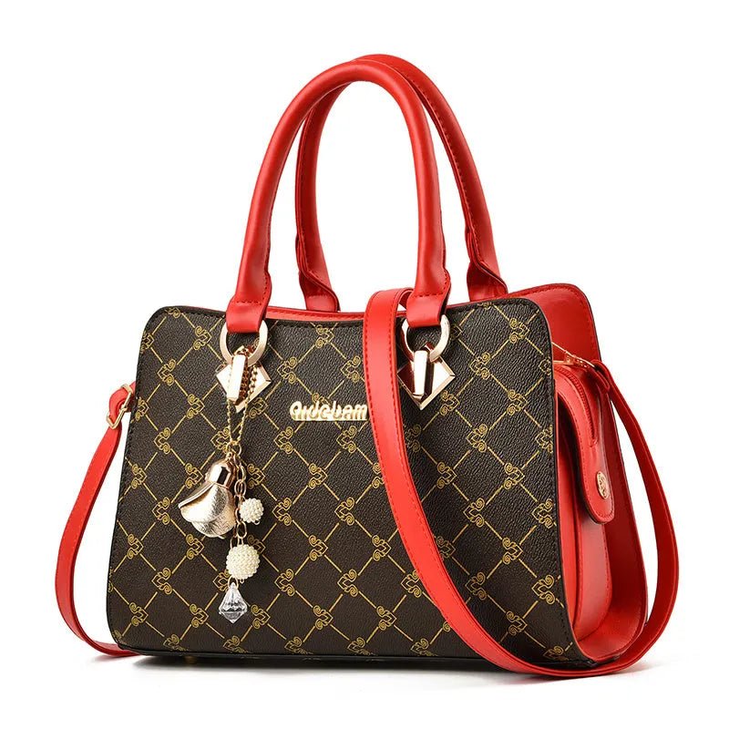 Women's geometric print PU leather messenger bag showing internal card slot, phone pocket, and document bag compartments.