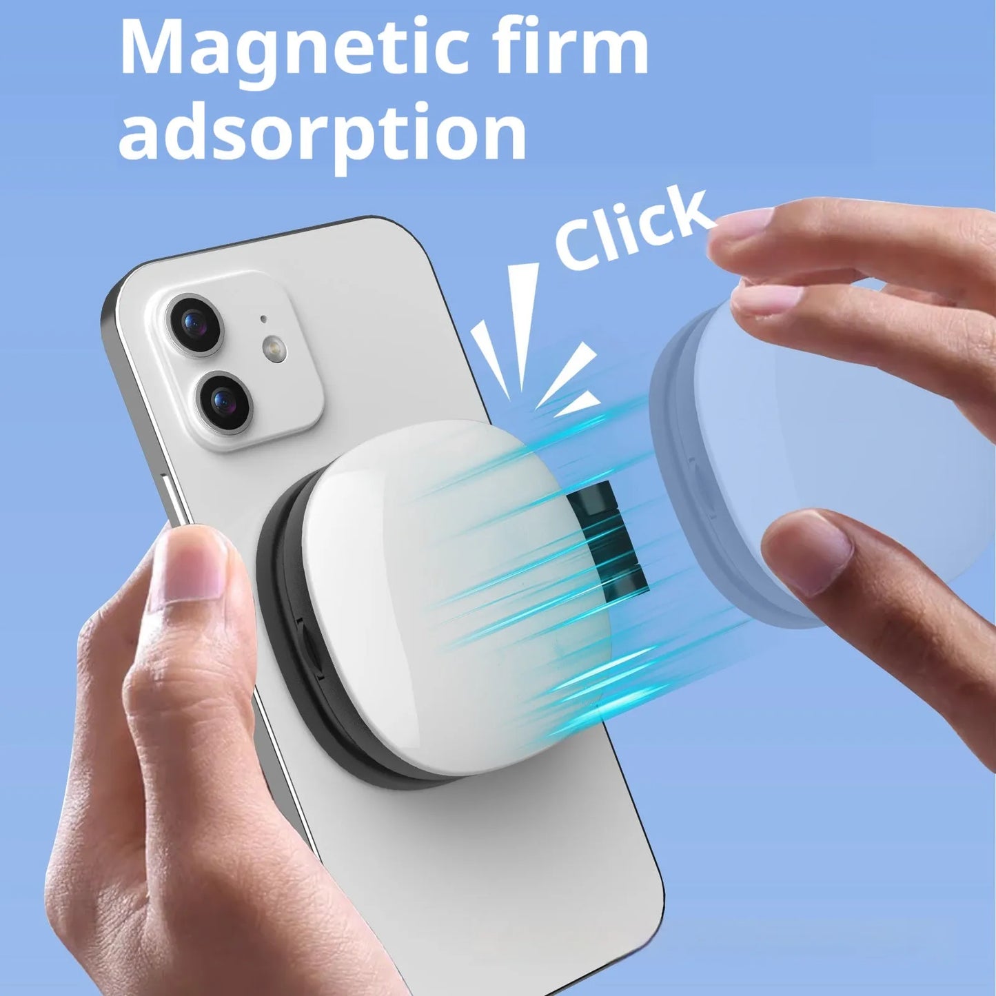 Black and white mini mobile phone fill light with magnetic holder attached to a smartphone
