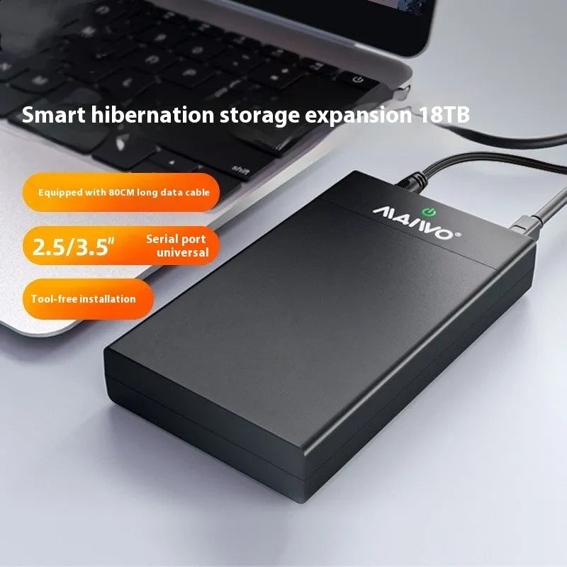 USB 3.0 to SATA external hard drive enclosure for 3.5-inch drives with slide-open cover, data cable, and power adapter