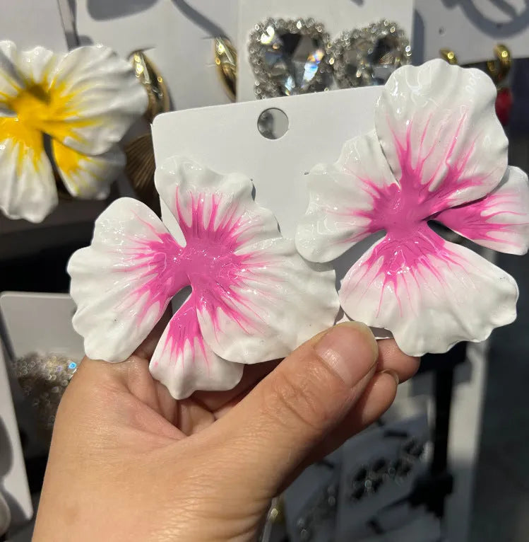 Alloy flower stud earrings with oil-spot glaze electroplating in blue, green, purple, and rose colour options