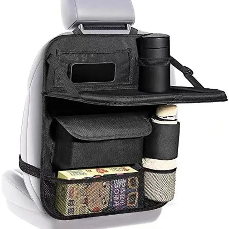 Black Oxford cloth car seat back storage bag with multiple hanging pockets, 42x30cm dimensions