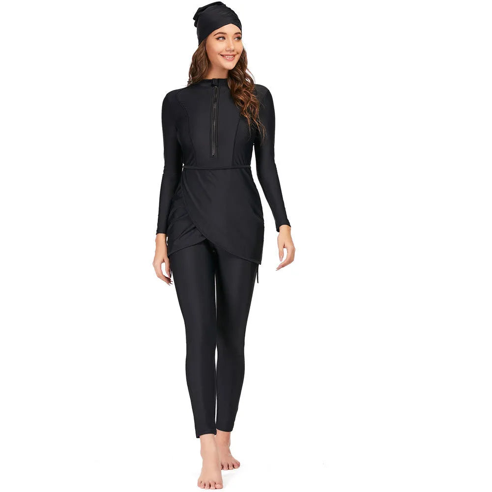 Black conservative Muslim swimsuit for ladies with full coverage, shown as a two-piece set.