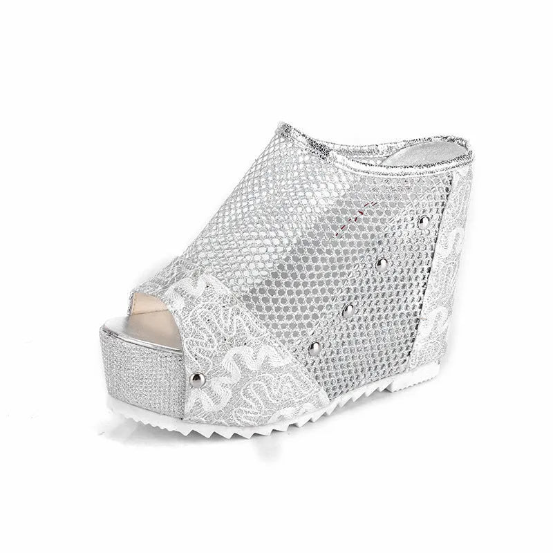 Korean-style platform flip flops with hollowed chunky heels and lace detailing on mesh upper