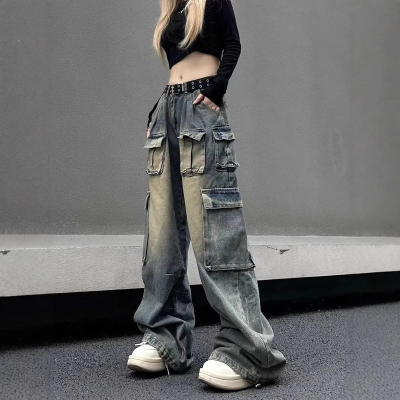 Men's loose straight-leg distressed jeans with multiple tooling pockets, available in light blue or black denim, featuring non-ironing cotton construction and street hipster style in sizes from S to 2XL, ideal for casual everyday wear.