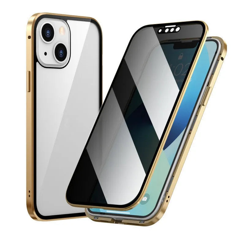 Black magnetic metal iPhone case with a privacy screen protector, shown on an iPhone 15 Pro.