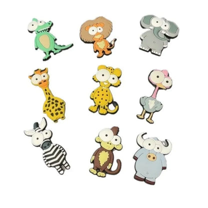 Nine PVC soft rubber cartoon animal fridge stickers including monkey, crocodile, leopard, lion, zebra, elephant, giraffe, and ostrich.