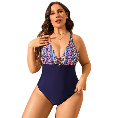 Women's plus size leopard print one-piece swimsuit with V-neck design and belly coverage