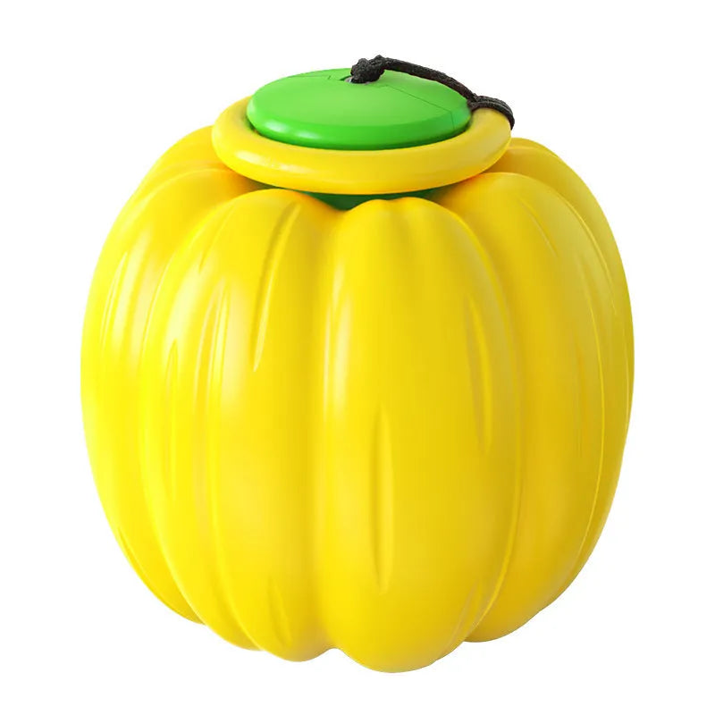 Green, orange, and yellow pumpkin-shaped plastic dog ball with squeaker for small dogs.