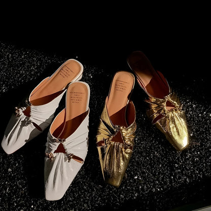 Women's genuine leather half toe cap slippers in gold colour with square head design and low heel