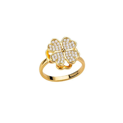 Rotatable copper flower ring with rhinestones, available in gold or platinum finish for women