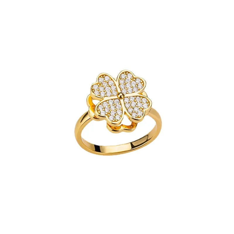 Rotatable Flower Ring with Rhinestones in Gold or Platinum Finish, Copper Anxiety Relief Fidget Ring for Women, Spinning Adjustable Decompression Jewellery