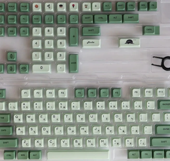 Matcha-themed PBT keycap set with 124 keys and dye-sublimated legends in multiple languages