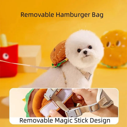 Cartoon hamburger chips design adjustable pet vest leash rope with backpack in multiple sizes
