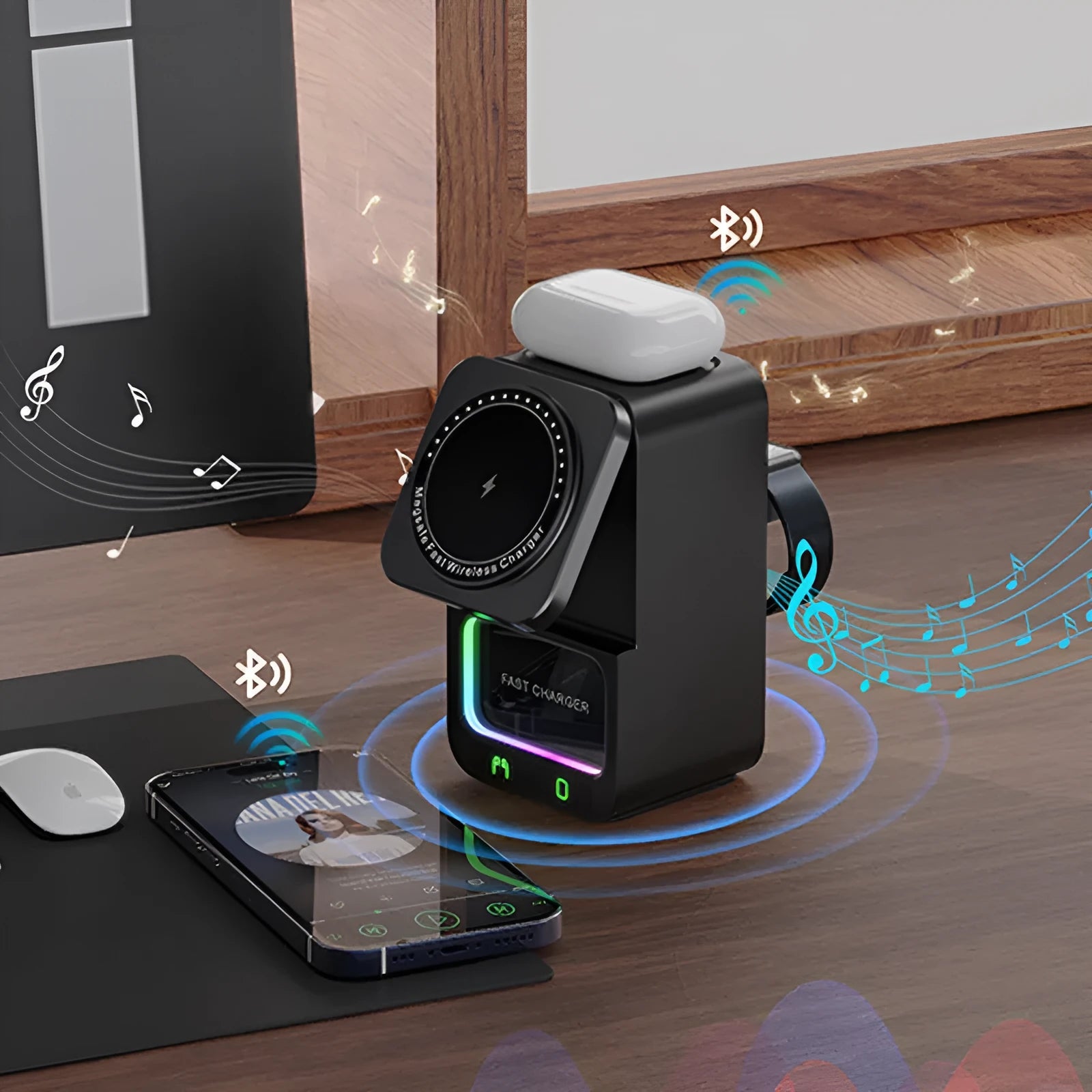 Bluetooth speaker with integrated wireless charging pad in black or white colour