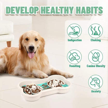 Green, pink, and yellow large slow feeder dog bowl with three puzzle trays and suction cups.