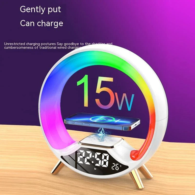 A versatile wireless charging lamp with Bluetooth speaker and ambient lighting effects, suitable for various home and office settings.