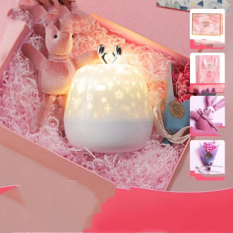 Children's starry sky LED projector with music, ABS shade, 3W, USB powered, 115.9 x 118.7 x 118.7 mm, with projection film and cable.