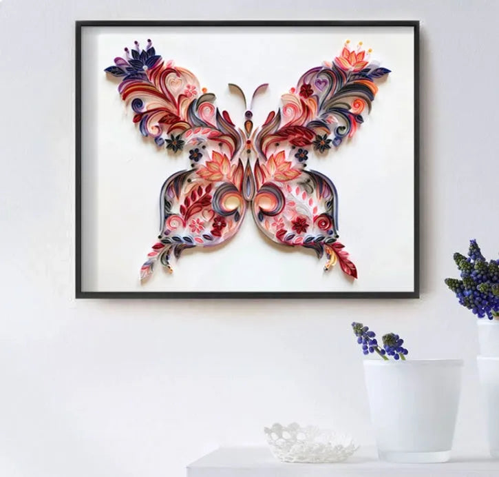 20-inch handmade butterfly quilling illustration craft pack with tools including glue, scissors, awl, and tweezers