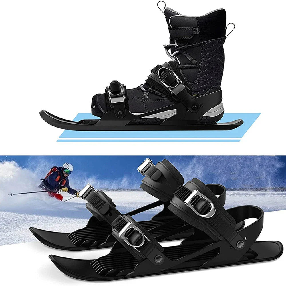 Adjustable snowshoeing mini skates with durable nylon soles, reinforced TPU laces, and customizable metal buckles for a secure fit across a wide range of shoe sizes