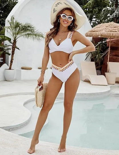 Black and white women's lace-up split bikini with high-waisted briefs and polyester lining