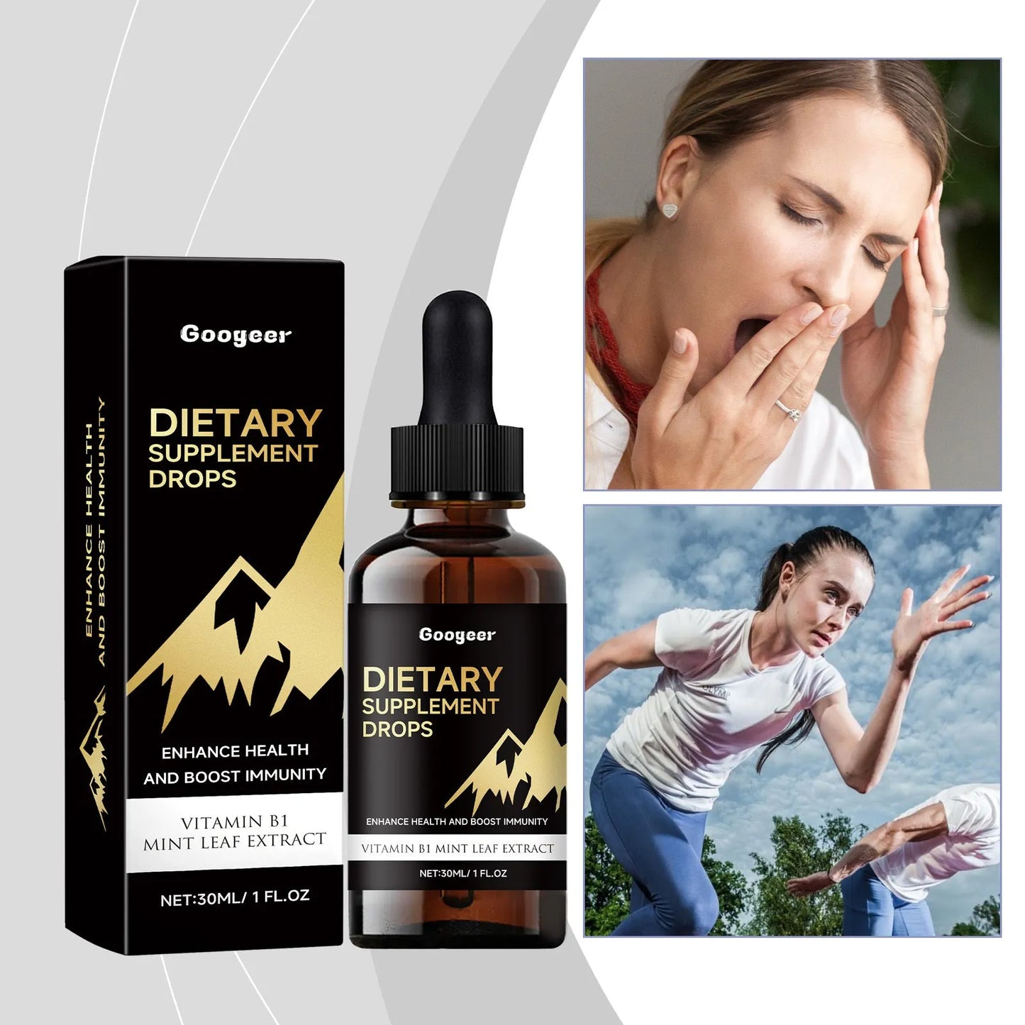 Liquid dietary supplement drops bottle with measurement dropper for precise dosage control