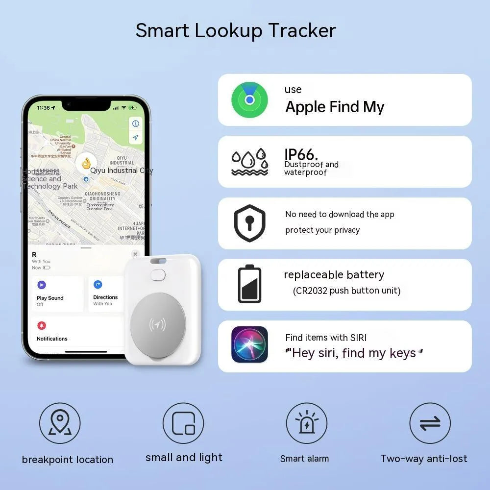 White ABS plastic pet GPS tracker with Apple device compatibility, showing compact design and collar attachment.