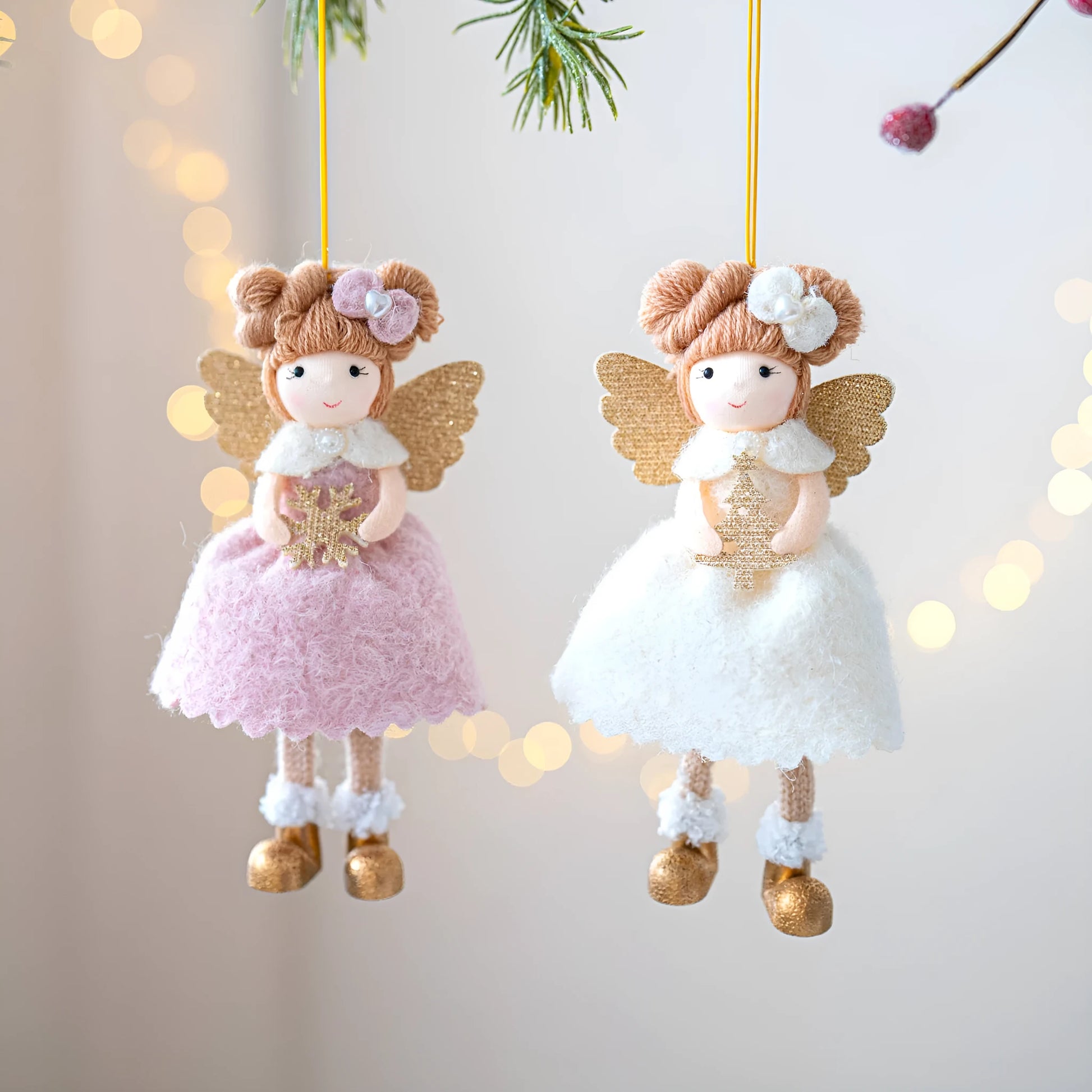 Pink and white cloth angel wings Christmas plush pendant decoration with hanging cord