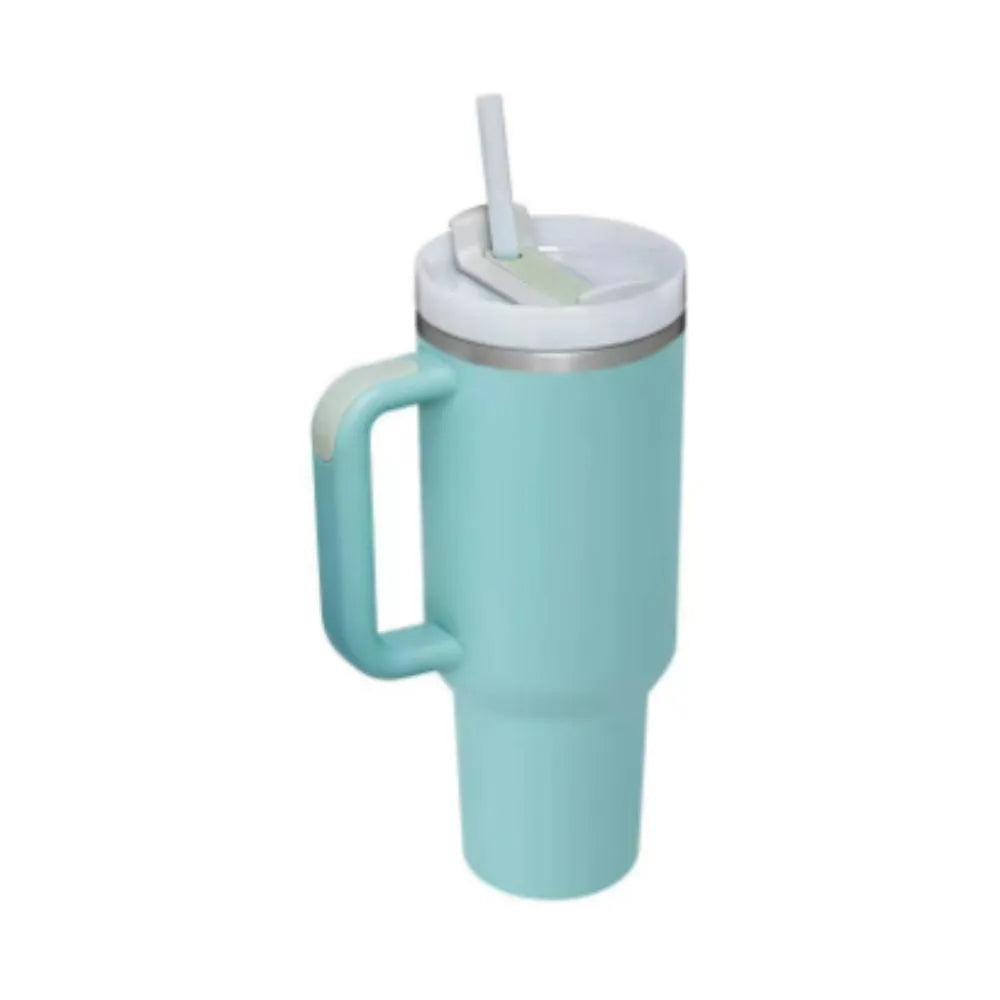 40oz stainless steel tumbler with handle and straw in various colour options showing tapered shape and spill-proof lid