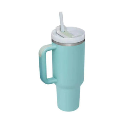 40oz stainless steel tumbler with handle and straw in various colour options showing tapered shape and spill-proof lid