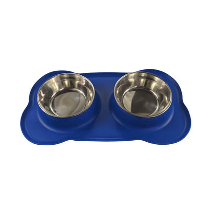 Large silicone dog bowl with stainless steel insert in five colour options on kitchen floor