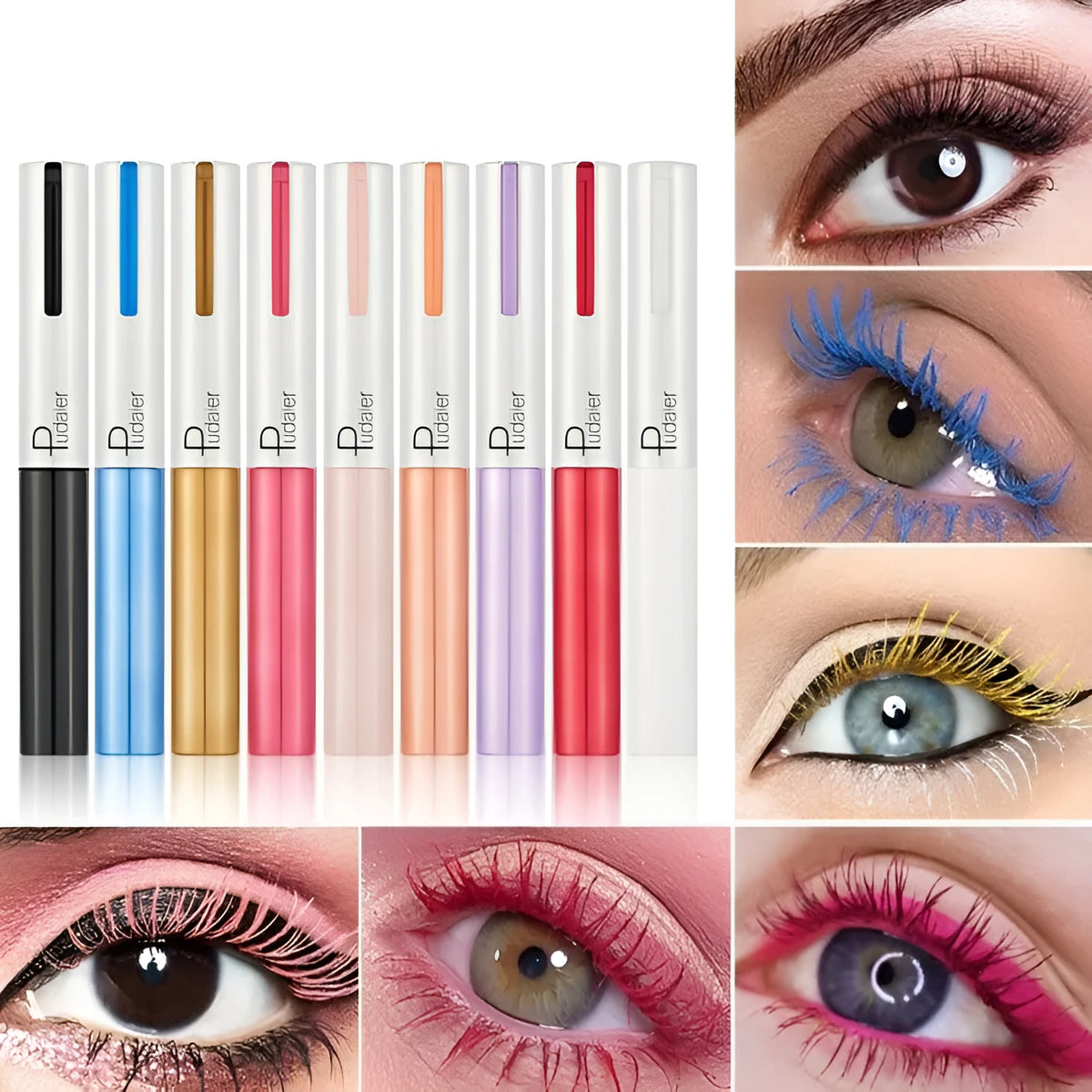 Black waterproof mascara tube with applicator showing curled lash effect