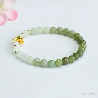 Hand-woven Hetian jade bracelet with sunshine water gradient colour and 6mm flower beads.