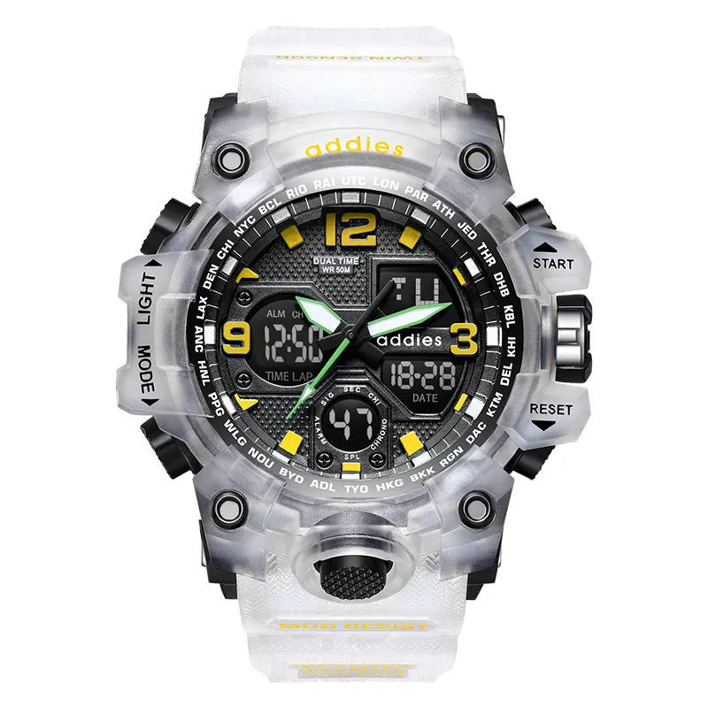 Electronic sports watch with dual analogue and digital display, plastic case, 50m waterproof, multiple colour options
