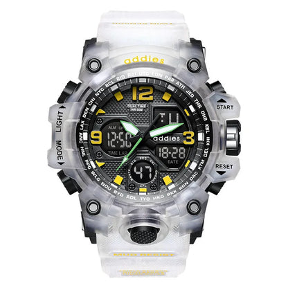 Electronic sports watch with dual analogue and digital display, plastic case, 50m waterproof, multiple colour options