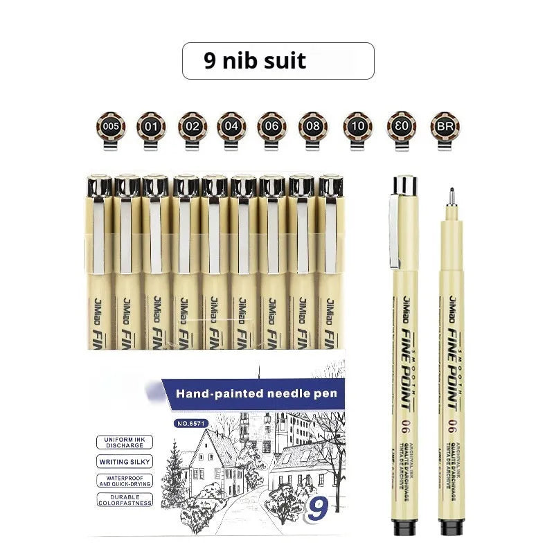 Waterproof black ink needle pen with cartoon syringe drawing on its 133mm plastic body.