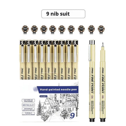 Waterproof black ink needle pen with cartoon syringe drawing on its 133mm plastic body.