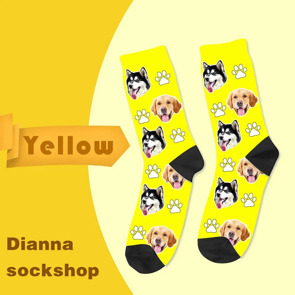 Custom printed mid-calf tube sock with a cartoon pattern from a personal photo.