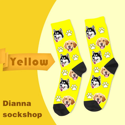 Custom printed mid-calf tube sock with a cartoon pattern from a personal photo.