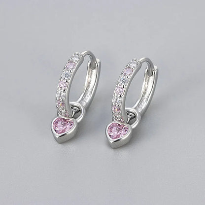 Women's fashion earrings with heart-shaped eardrops, diamond-treated gemstones in gold or white gold plating, approximately 2.5 cm long