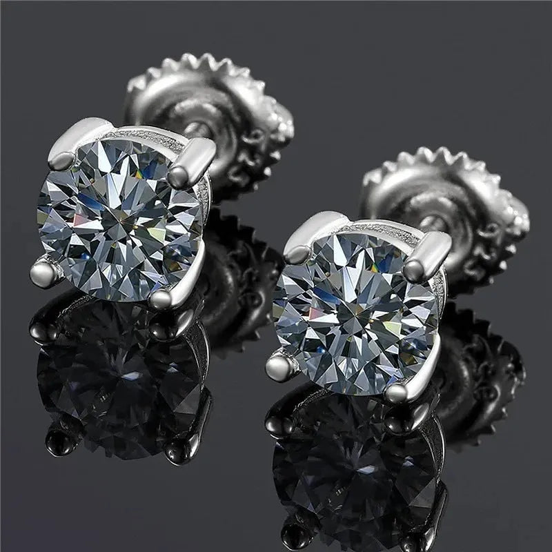 Silver four claw screw back moissanite stud earrings with geometric stone on a 7mm wide setting.