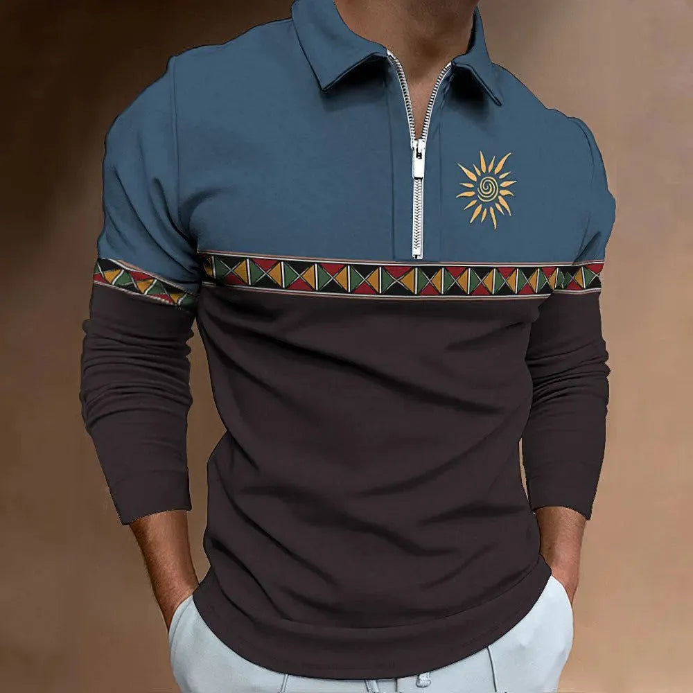 Men's retro striped long sleeve golf polo shirt with zipper decoration detail in bird eye cloth polyester