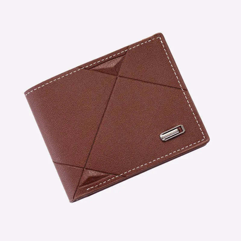 Men's three-fold PU leather wallet with multiple card slots in black, brown and dark coffee colours