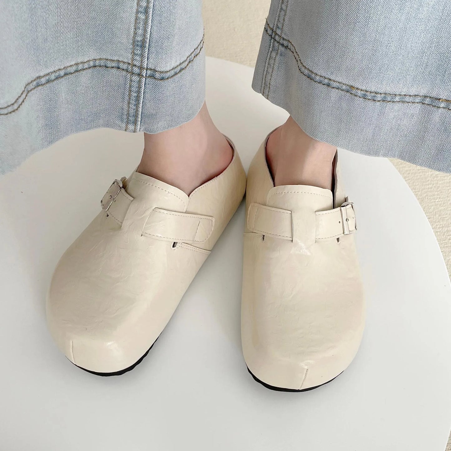 Flat buckle casual sneakers in yellow with round toe and PU upper
