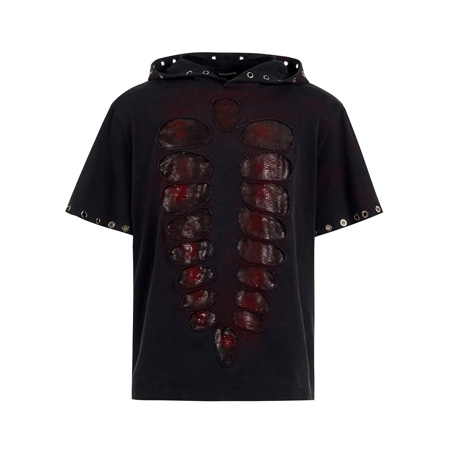 Black hooded short-sleeved men's T-shirt with sequin detailing on a loose fit.