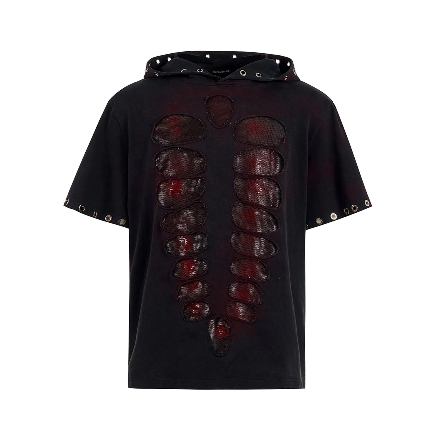 Black hooded short-sleeved men's T-shirt with sequin detailing on a loose fit.